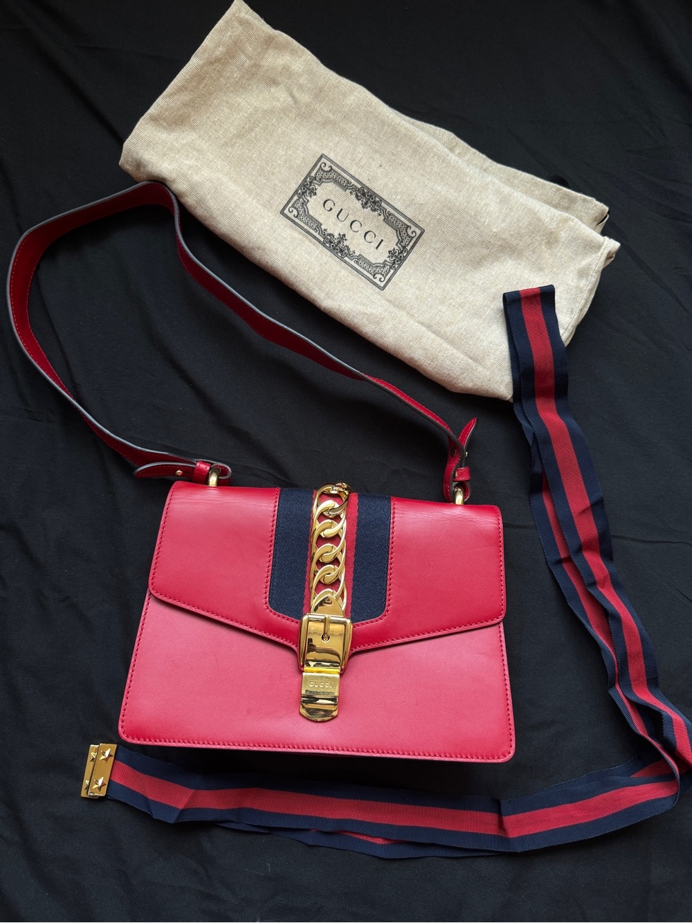 Gucci Sylvie Red Medium Leather Chain-Accent Crossbody Bag with Navy Stripe